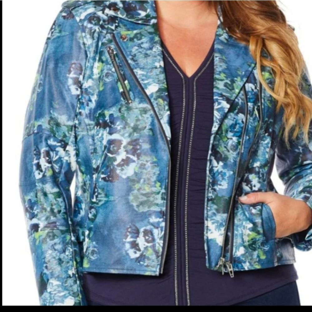 Colleen Lopez blue floral faux leather moto jacket size medium